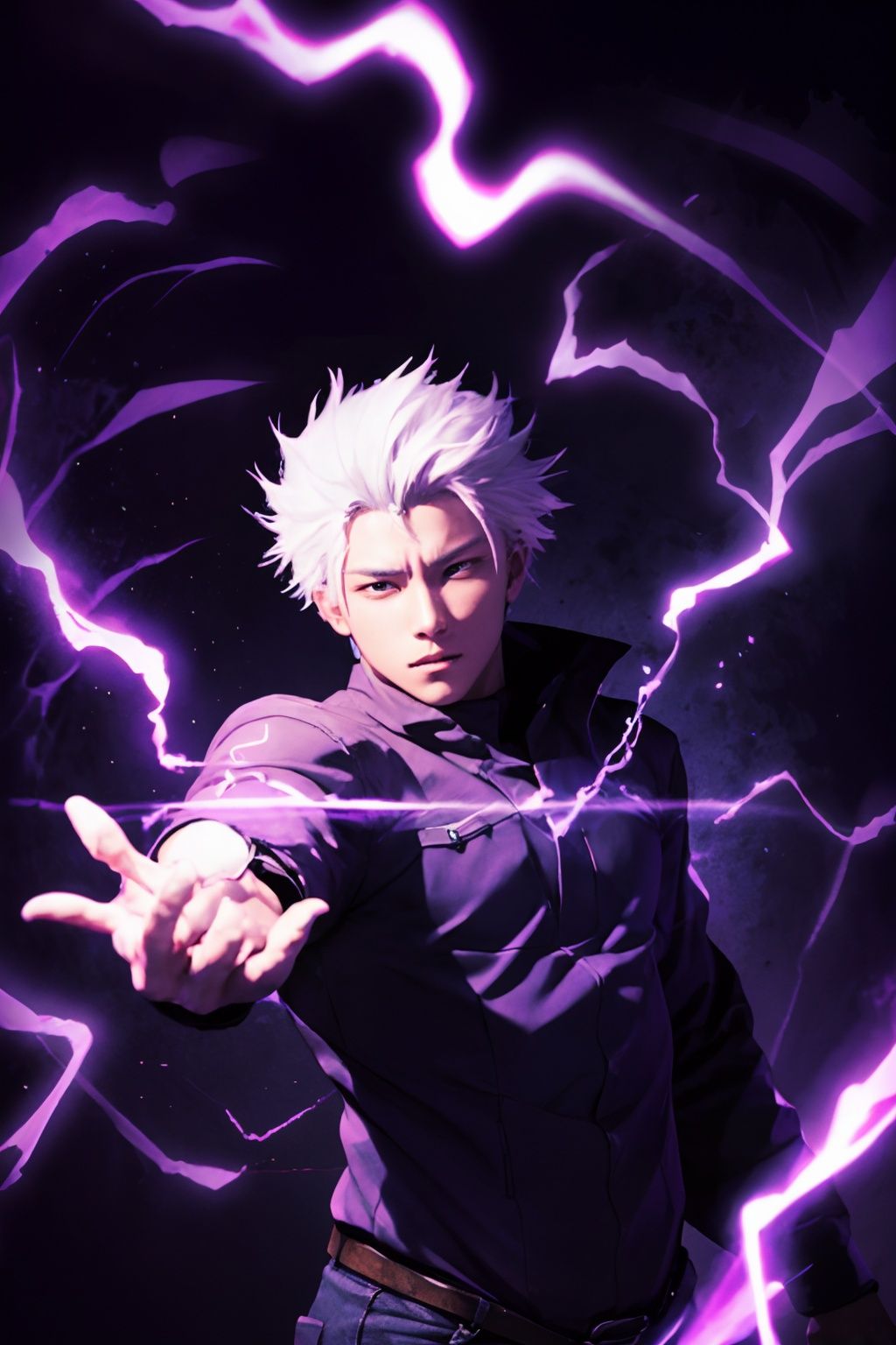 <lora:gojou_satoru_v1:0.6>,1boy,condense energy in his hands,gojou satoru,cowboy shot,purple electricity, purple aura, purple lightning