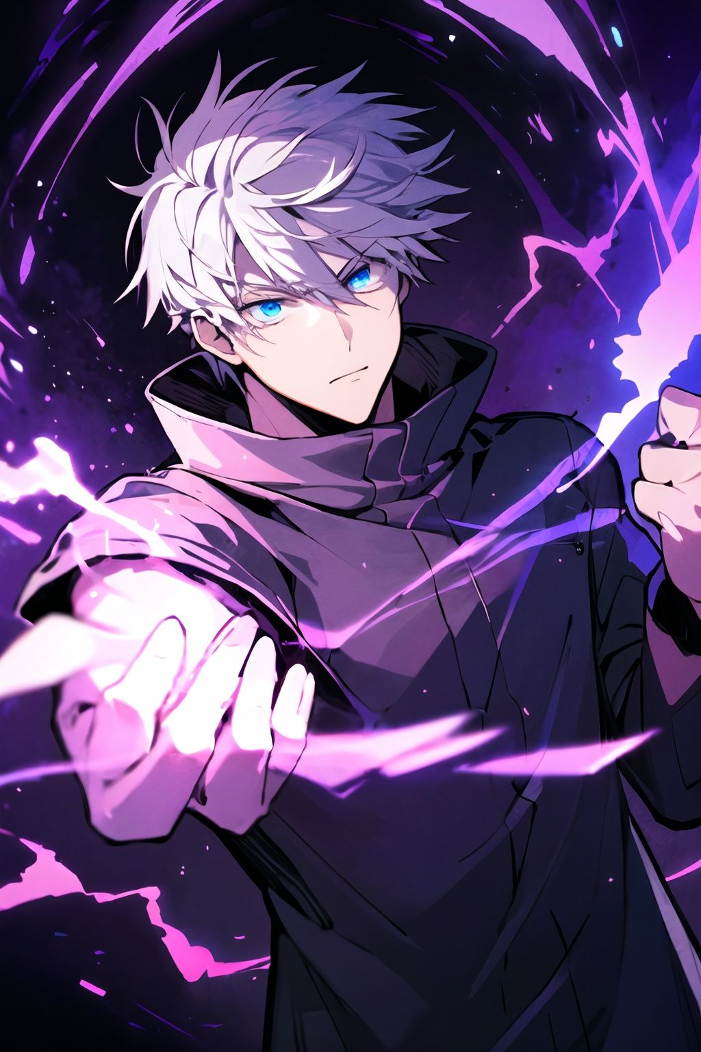 <lora:gojou_satoru_v1:0.8>,1boy,condense energy in his hands,purple electricity,purple aura,purple lightning,gojou satoru,cowboy shot,