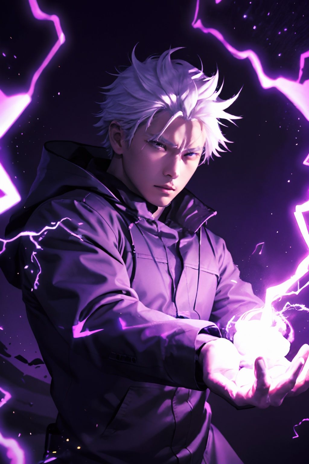 <lora:gojou_satoru_v1:0.6>,1boy,condense energy in his hands,gojou satoru,cowboy shot,purple electricity, purple aura, purple lightning