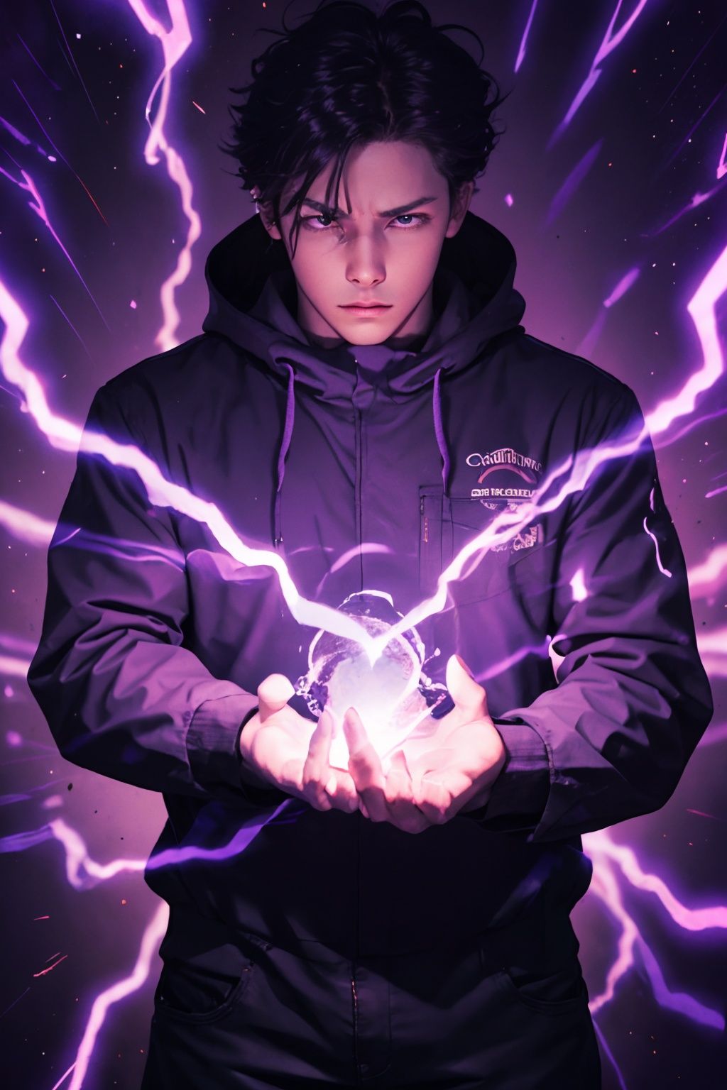 <lora:gojou_satoru_v1:0.6>,1boy,condense energy in his hands,cowboy shot,purple electricity,purple aura,purple lightning,