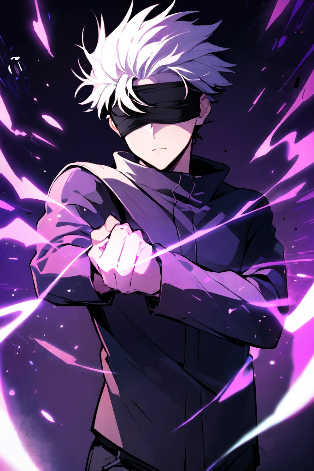 <lora:gojou_satoru_v1:0.8>,1boy,condense energy in his hands,purple electricity,purple aura,purple lightning,blindfold,gojou satoru,cowboy shot,