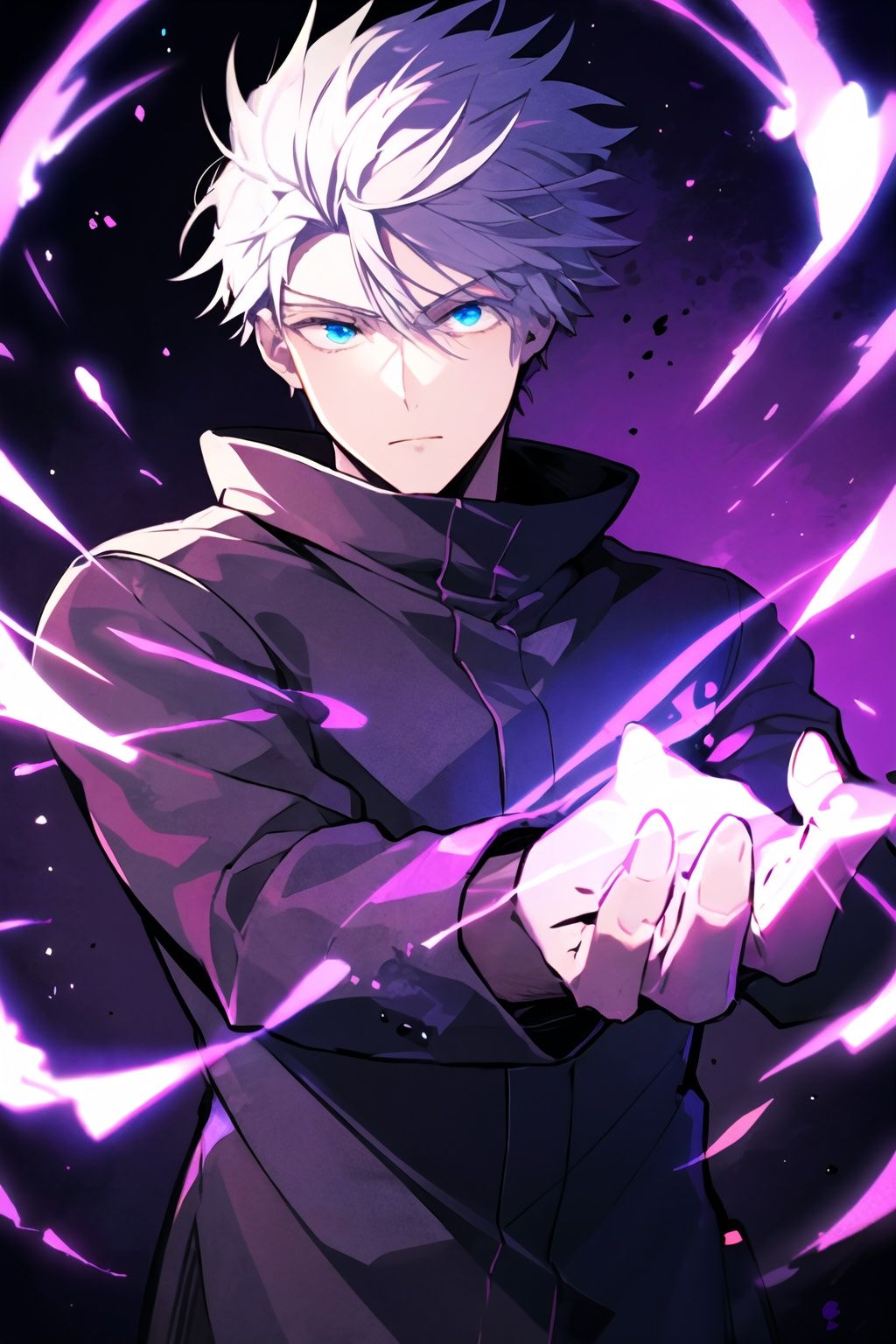 <lora:gojou_satoru_v1:0.8>,1boy,condense energy in his hands,purple electricity,purple aura,purple lightning,gojou satoru,cowboy shot,