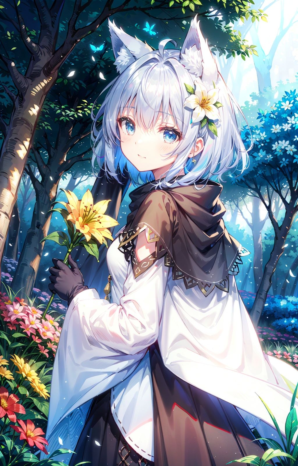 (masterpiece:1.2), high_quality ,occultism, Aestheticism Painting , (flat color), best quality, soft lighting, (depth_of_field:1.3),(solo:1.4), [close-up], (1girl), detailed beautiful blue eyes, (silvery hair) , wolf_ears, short_hair,archbishop_robe ,largr_sleeve, grey_cloak, blooming, looking_at_viewer, lily (flower) , blue butterfly, (fantastic colorful),fluorescence, (forest:1.25), tree_shade, (flowers meadows:1.4), flower, leaves, looking back, cute_fang, black gloves, long scarf,
