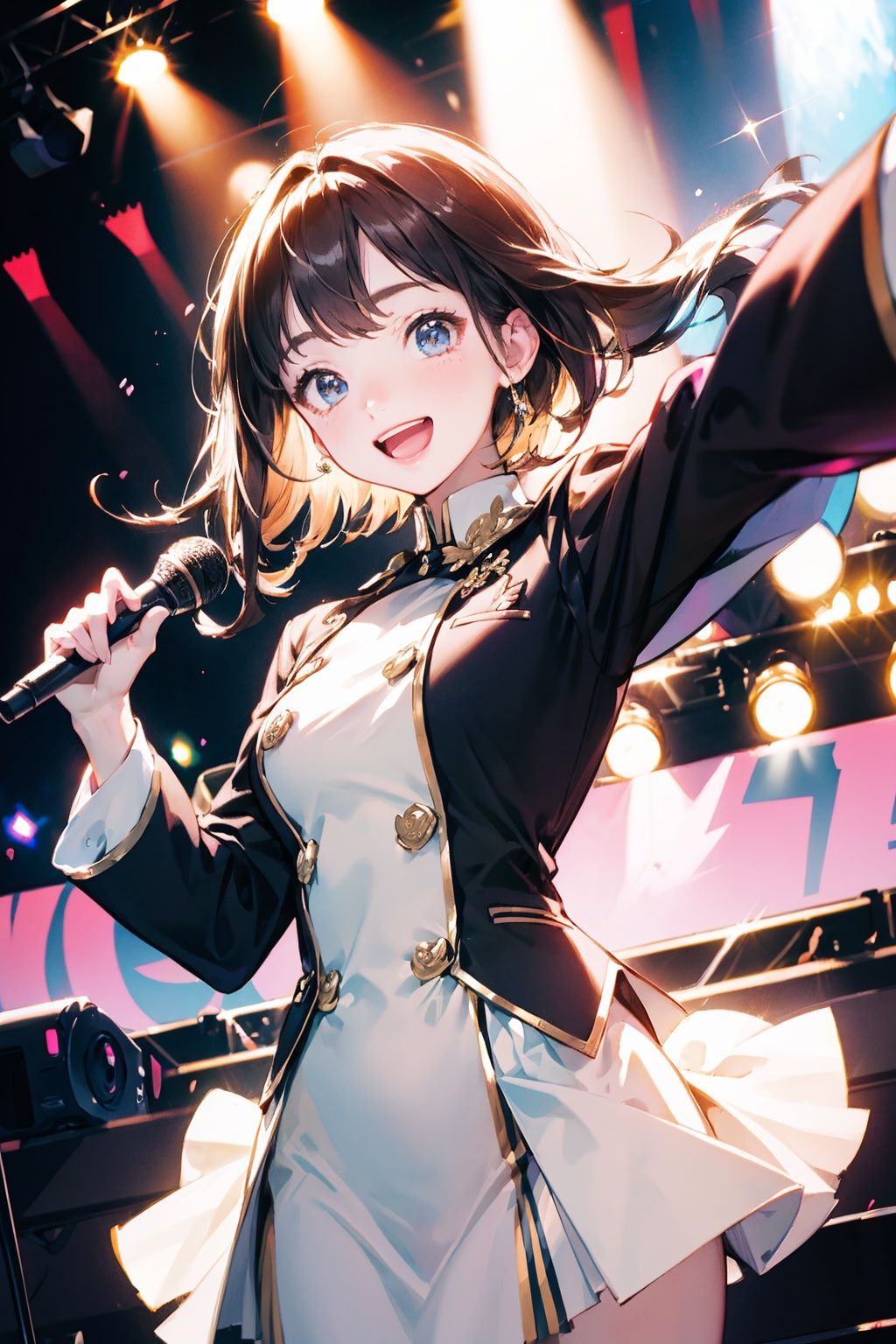 (best quality, masterpiece:1.2),idol,idol uniform,jump up,stage,excited, smiling,open mouth,ceremonial dress, <lora:Gloss_Tweaker_V2:2>,hold maico \(a218\):0.3, 