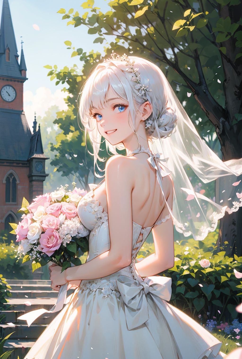 masterpiece,best quality, 1girl, from side, white hair:1.5,bare shoulders,floating veil, blue eyes, very long hair, grin:0.5, bouquet, day,white wedding dress, frills, flower, holding bouquet, looking at viewer, nature, outdoors, white flower, rose, solo, standing, tree, outdoor,church <lora:Gloss_Tweaker_V2:1.2>