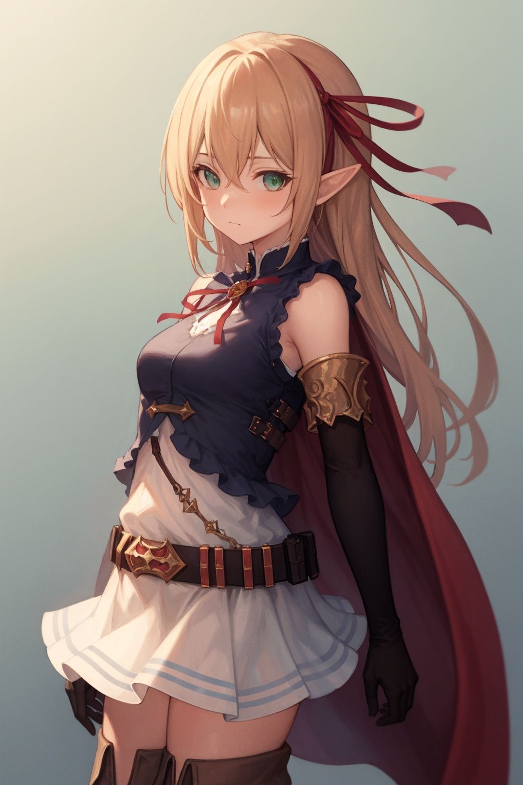 best quality，(masterpiece:1.3),cowboy shot,ultra-detailed,solo,1girl, arisa \(shadowverse\), dynamic angle, dynamic pose,bush,long hair, bangs, ribbon, pointy ears, hair ribbon, elf, gloves, blush, blonde hair,  elbow gloves, red ribbon, hair between eyes, green eyes, skirt, sleeveless, dress,  bare shoulders, shirt,  belt, sleeveless shirt, thigh boots, white skirt,  black gloves,  frills,  brown footwear,  pleated skirt, miniskirt, sidelocks, blue shirt, sleeveless dress,  white dress, short dress,  red cape,   brown belt, buckle, red bow, knee boots, high heels, armlet<lora:Shadowverse Arisa:1> <lora:Gloss_Tweaker_V2:-1>