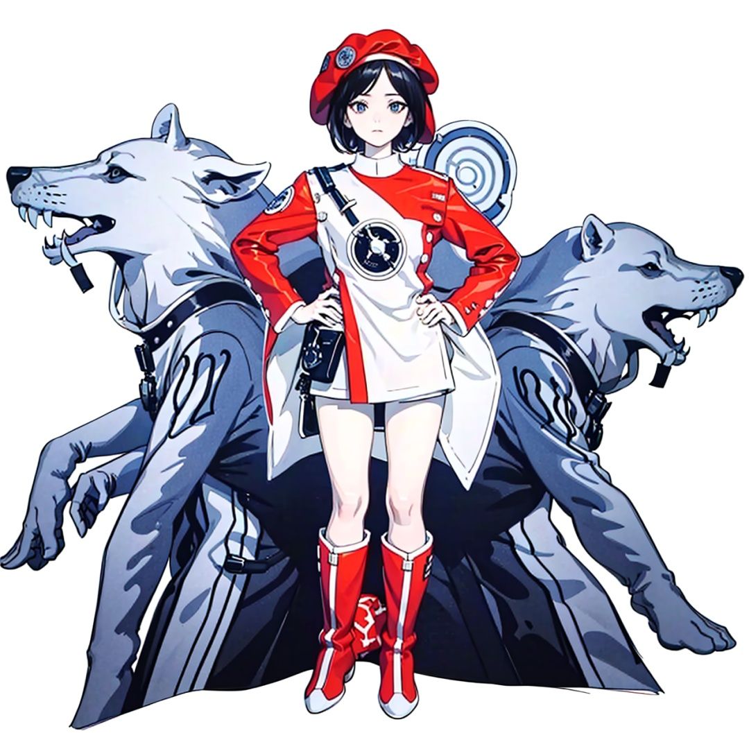 (masterpiece:1.3), (the best quality:1.2), (super fine illustrations:1.2), (Masterpiece), high quality, high detail,((white background:1.2)), looking at viewer, (SOLO:1.4),outline,,simple background, dress, red shirt, white footwear, hat, boots, red headwear,