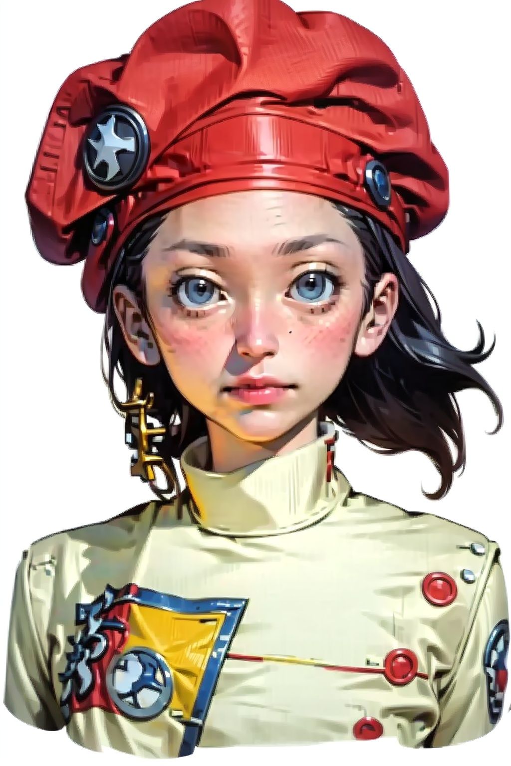 (masterpiece:1.3), (the best quality:1.2), (super fine illustrations:1.2), (Masterpiece), high quality, high detail,((white background:1.2)), looking at viewer, (SOLO:1.4),outline,,simple background,  dress, red shirt, white footwear, hat, boots, red headwear,