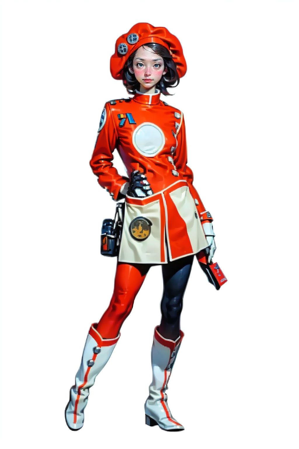 (masterpiece:1.3), (the best quality:1.2), (super fine illustrations:1.2), (Masterpiece), high quality, high detail,((white background:1.2)), looking at viewer, (SOLO:1.4),outline,,simple background,  dress, red shirt, white footwear, hat, boots, red headwear,
