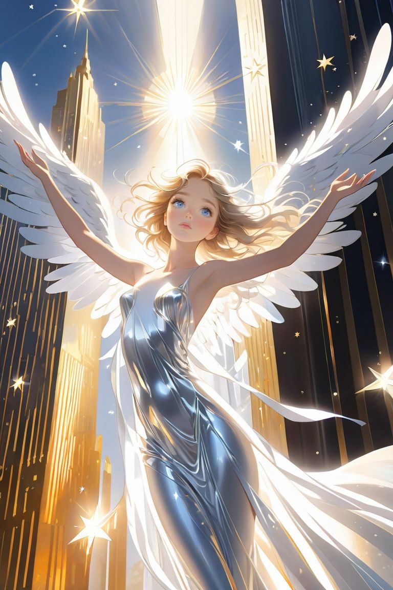 masterpiece, ((ultra-detailed)), (illustration), (detailed light),((an extremely delicate and beautiful)),(beautiful detailed eyes), (sunlight),(angel),solo,young girls,dynamic angle,floating, bare_shoulders,looking_at_viewer ,wings ,arms_up,halo,Floating white silk,(Holy Light),just like silver stars imploding we absorb the light of day,Contrast between warm and cold,Future City