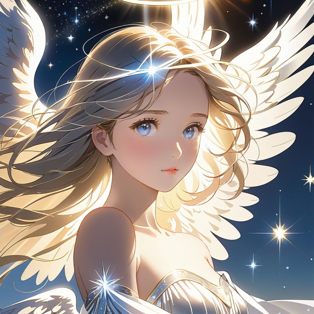 masterpiece, ((ultra-detailed)), (illustration), (detailed light),((an extremely delicate and beautiful)),(beautiful detailed eyes), (sunlight),(angel),solo,young girls,dynamic angle,floating, bare_shoulders,looking_at_viewer ,wings ,arms_up,halo,Floating white silk,(Holy Light),just like silver stars imploding we absorb the light of day,Contrast between warm and cold