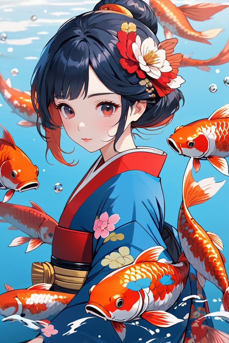 masterpiece,(best quality:1.3),,1girl,KOI,in water,lucky english letters appear,anime,kimono,illustration,cg,detailed beautiful face,minimalism
