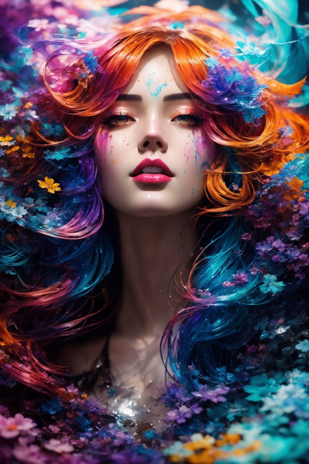 Maximaliset Rococo. Astral Escape! Splash art,  portrait of Vietnamese,  red indigo haired Vietnamese on Tensor.Art