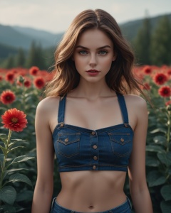 cinematic film still (Raw Photo:1.3) of (Ultrarealistic:1.3) 1girl, blurry, blurry_background, crop_top, denim, denim_shorts, flower, hair_flower, hair_ornament, lips, long_hair, looking_at_viewer, midriff, navel, photorealistic, realistic, red_flower, short_shorts, shorts, solo,,Highly Detailed . shallow depth of field, vignette, highly detailed, high budget, bokeh, cinemascope, moody, epic, gorgeous, film grain, 
