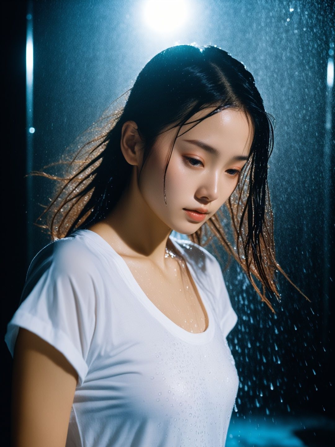 photographic of a Chinese girl wet T-shirt water drops, splash detailed, surreal dramatic lighting shadow, kodak film by Brandon Woelfel Ryan McGinley, 35mm photograph,  grainy,  professional,  8k,  highly detailed,  Leica M50 F/2.8
