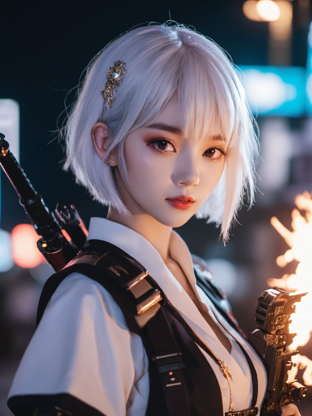 photographic of a girl, solo, white short hair, bangs, glowing, animification, glowing eyes, glitch, Gorgeous face with details, long eyebrows. Big and cute eyes. Cinematic lights hands_in_pockets, cinematic lighting, strong contrast, wuxia, holding weapon, dragon, machinery, Mecha, CGArt Mayfly. BREAK, 35mm photograph, grainy, professional, 8k, highly detailed, Hasselbald 50mm lens f/1.9,[by ethan for CGArt Mayfly model]