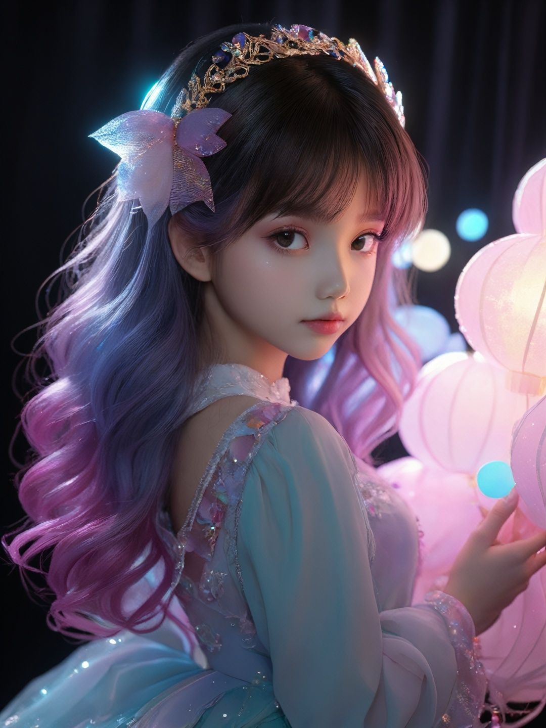 photorealistic of cute girl ,Lolita, mane, multicolored hairlighting, glowing crystals, hyper detailed, detailed glow, ambient occlusion, ambient light,Beautiful dynamic dramatic dark moody lighting, volumetric, shadows, BREAK, 35mm photograph, grainy, professional, 8k, highly detailed, Hasselbald 50mm lens f/1.9, [by ethan for CGArt Mayfly model]
