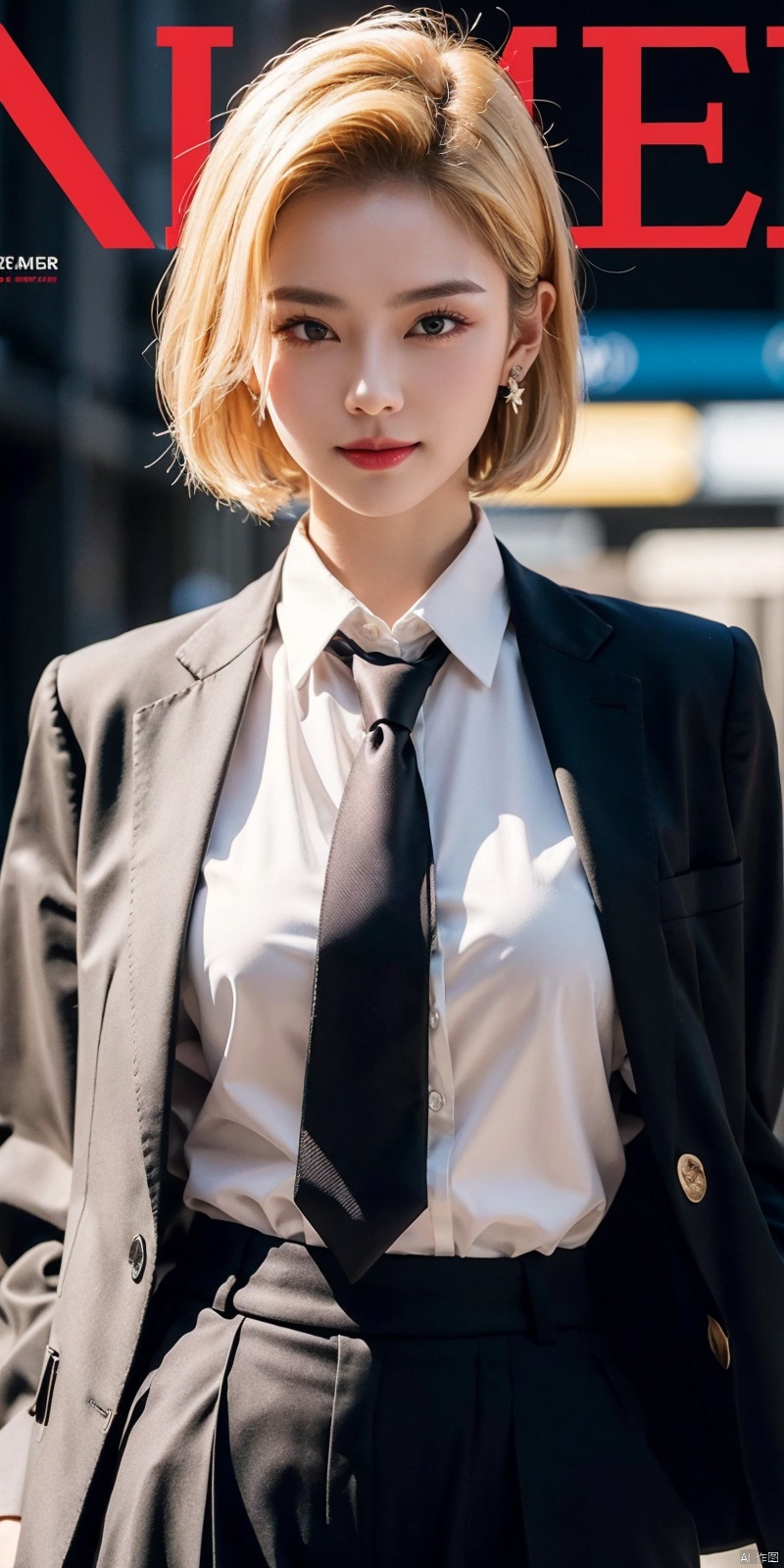 (Good structure),cowboy_shot, DSLR Quality,Depth of field ,looking_at_viewer,Dynamic pose, , kind smile,,
 magazine, (cover-style:1.1), fashionable, vibrant, outfit, posing, front, colorful, solo, looking at viewer, shirt,((1girl)),,white shirt,necktie, collared shirt, pants, black pants, formal, suit, black necktie, watch, black suit,Visual impact,A shot with tension,(upper body:1.0),cold attitude, Ear stud,tattoo,
, android 18