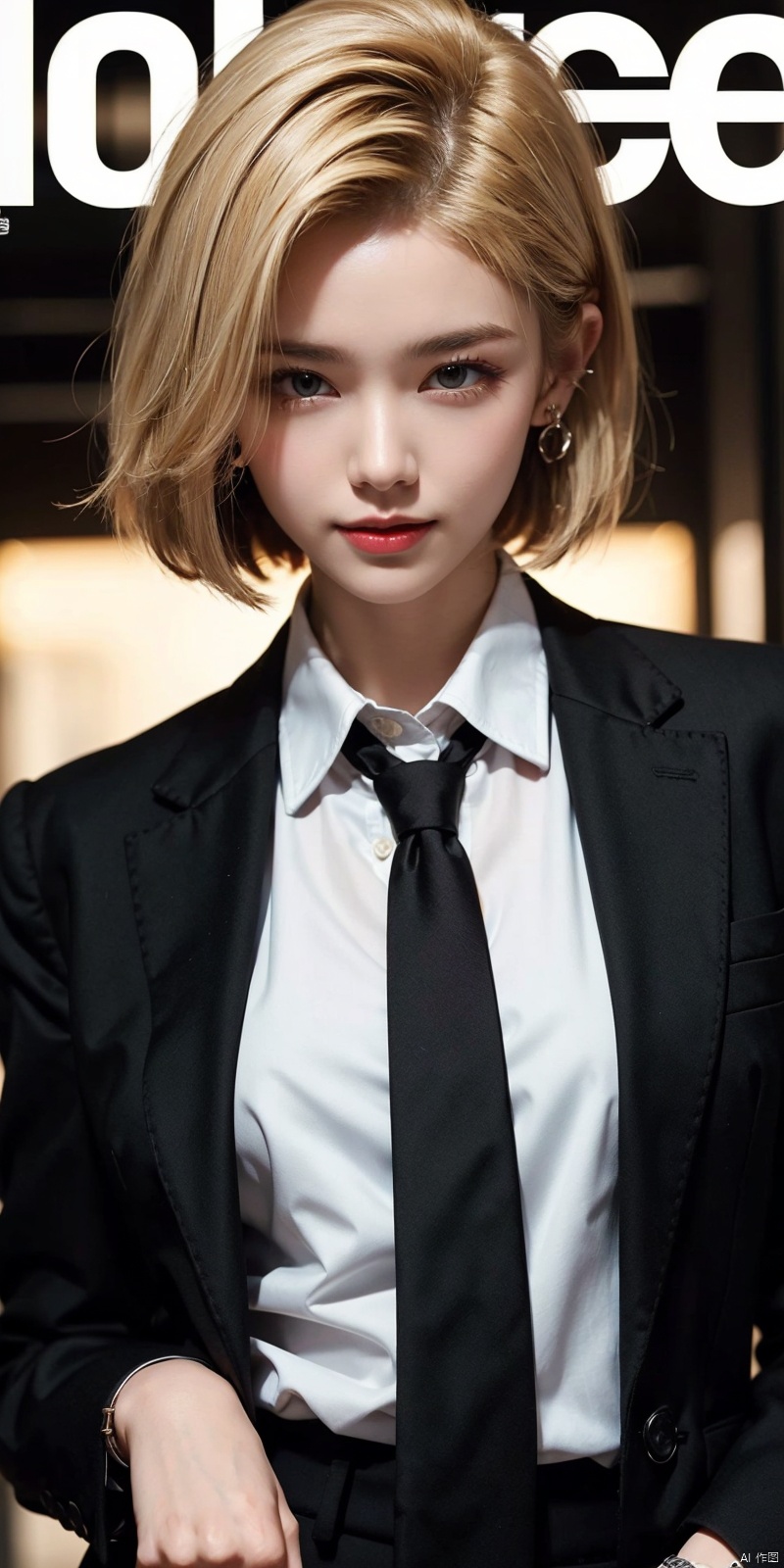 (Good structure),cowboy_shot, DSLR Quality,Depth of field ,looking_at_viewer,Dynamic pose, , kind smile,,
 magazine, (cover-style:1.1), fashionable, vibrant, outfit, posing, front, colorful, solo, looking at viewer, shirt,((1girl)),,white shirt,necktie, collared shirt, pants, black pants, formal, suit, black necktie, watch, black suit,Visual impact,A shot with tension,(upper body:1.0),cold attitude, Ear stud,tattoo,
, android 18,blond_hair,short_hair