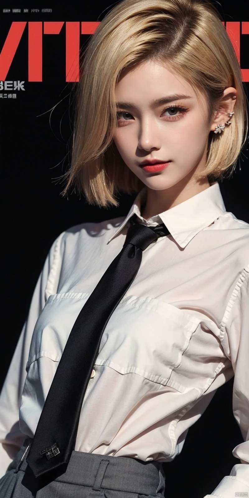 (Good structure),cowboy_shot, DSLR Quality,Depth of field ,looking_at_viewer,Dynamic pose, , kind smile,,
 magazine, (cover-style:1.1), fashionable, vibrant, outfit, posing, front, colorful, solo, looking at viewer, shirt,((1girl)),,white shirt,necktie, collared shirt, pants, black pants, formal, suit, black necktie, watch, black suit,Visual impact,A shot with tension,(upper body:1.0),cold attitude, Ear stud,tattoo,
, android 18,blond_hair,short_hair