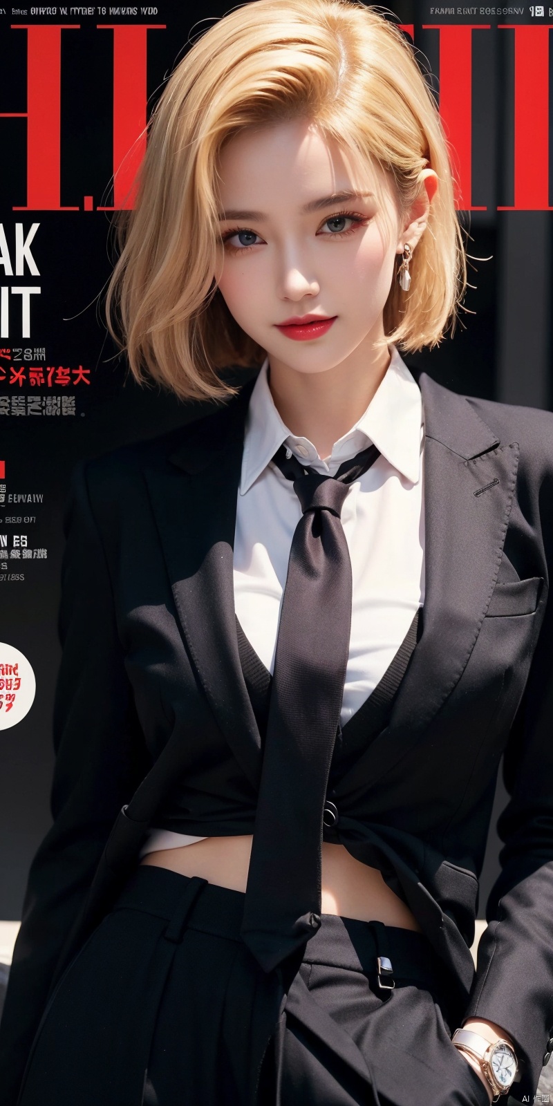 (Good structure),cowboy_shot, DSLR Quality,Depth of field ,looking_at_viewer,Dynamic pose, , kind smile,,
 magazine, (cover-style:1.1), fashionable, vibrant, outfit, posing, front, colorful, solo, looking at viewer, shirt,((1girl)),,white shirt,necktie, collared shirt, pants, black pants, formal, suit, black necktie, watch, black suit,Visual impact,A shot with tension,(upper body:1.0),cold attitude, Ear stud,tattoo,
, android 18,blond_hair,short_hair