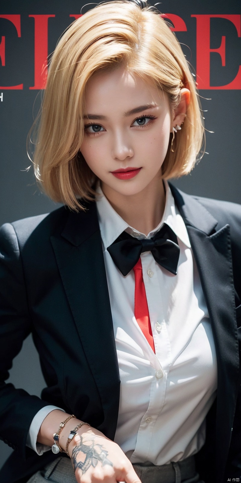 (Good structure),cowboy_shot, DSLR Quality,Depth of field ,looking_at_viewer,Dynamic pose, , kind smile,,
 magazine, (cover-style:1.1), fashionable, vibrant, outfit, posing, front, colorful, solo, looking at viewer, shirt,((1girl)),,white shirt,necktie, collared shirt, pants, black pants, formal, suit, black necktie, watch, black suit,Visual impact,A shot with tension,(upper body:1.0),cold attitude, Ear stud,tattoo,
, android 18,blond_hair,short_hair