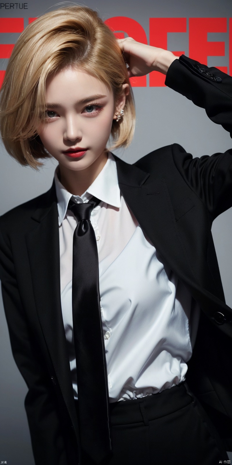 (Good structure),cowboy_shot, DSLR Quality,Depth of field ,looking_at_viewer,Dynamic pose, , kind smile,,
 magazine, (cover-style:1.1), fashionable, vibrant, outfit, posing, front, colorful, solo, looking at viewer, shirt,((1girl)),,white shirt,necktie, collared shirt, pants, black pants, formal, suit, black necktie, watch, black suit,Visual impact,A shot with tension,(upper body:1.0),cold attitude, Ear stud,tattoo,
, android 18