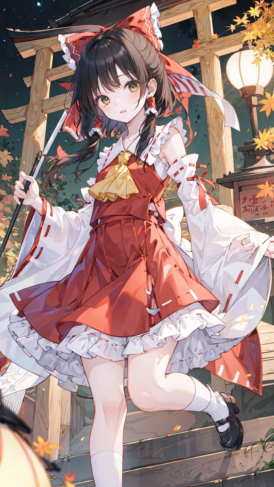 ,finely detail, Depth of field,(((masterpiece))),((extremely detailed CG unity 8k wallpaper)),best quality,high resolution illustration,Amazing,highres,intricate detail,(best illumination, best shadow, an extremely delicate and beautiful),

Japanese style architecture,shrine,autumn,night,

hakurei_reimu, hair_tubes, black hair,detached_sleeves, ribbon-trimmed_sleeves, ribbon_trim, 1girl, ascot, bow, frilled_bow, miko, yellow_ascot, gohei, hair_bow, skirt, red_skirt, torii, nontraditional_miko, solo, red_bow, frills, socks, mary_janes, wide_sleeves, , uwabaki
