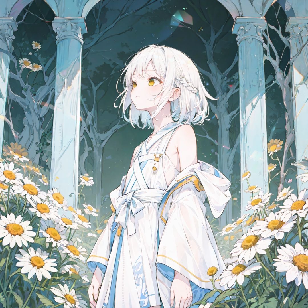 yellow theme,the setting sun,(((Chamomile))),Chamomile,cornflower,vines,forest,ruins,lens flare,hdr,Tyndall effect,damp,wet,1girl,bare shoulders,broken glass,broken wall,white hair,white dress,closed mouth,constel lation,flat color,braid,blinking,white robe,float,closed mouth,constel lation,flat color,looking up,standing,medium hair,standing,solo,