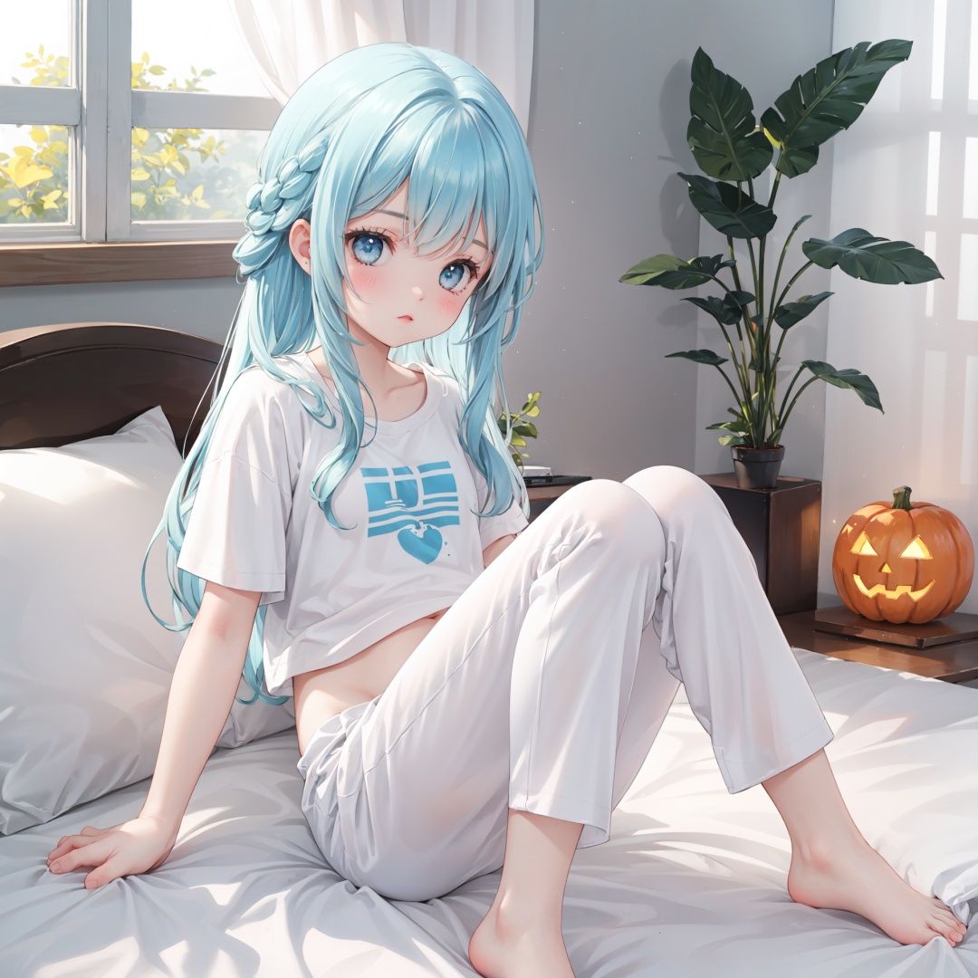 masterpiece, best quality,backlight,Tyndall effect,Crepuscular Rays,1girl,white_hairbangs,long hair,French braid,blue eyes,cold expression,lightseagreen T-shirt,navel,fetal_position ,pumpkin pants
,small_breasts,No shoes on,bedroom,White cloth sofa,White blanket,Dieffenbachia seguine Schott,White curtains,bare feet,bare legs,****,foot focus,