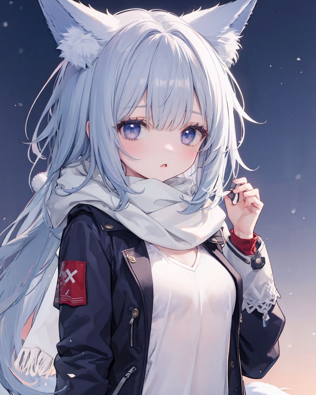 <lora:ShinanoWhiteFrilledBikiniWhiteChoker:1>,alshin, 1girl, small breasts, fox girl, loli, winter clothes, upper body,  solo, winter jacket,scarf, 