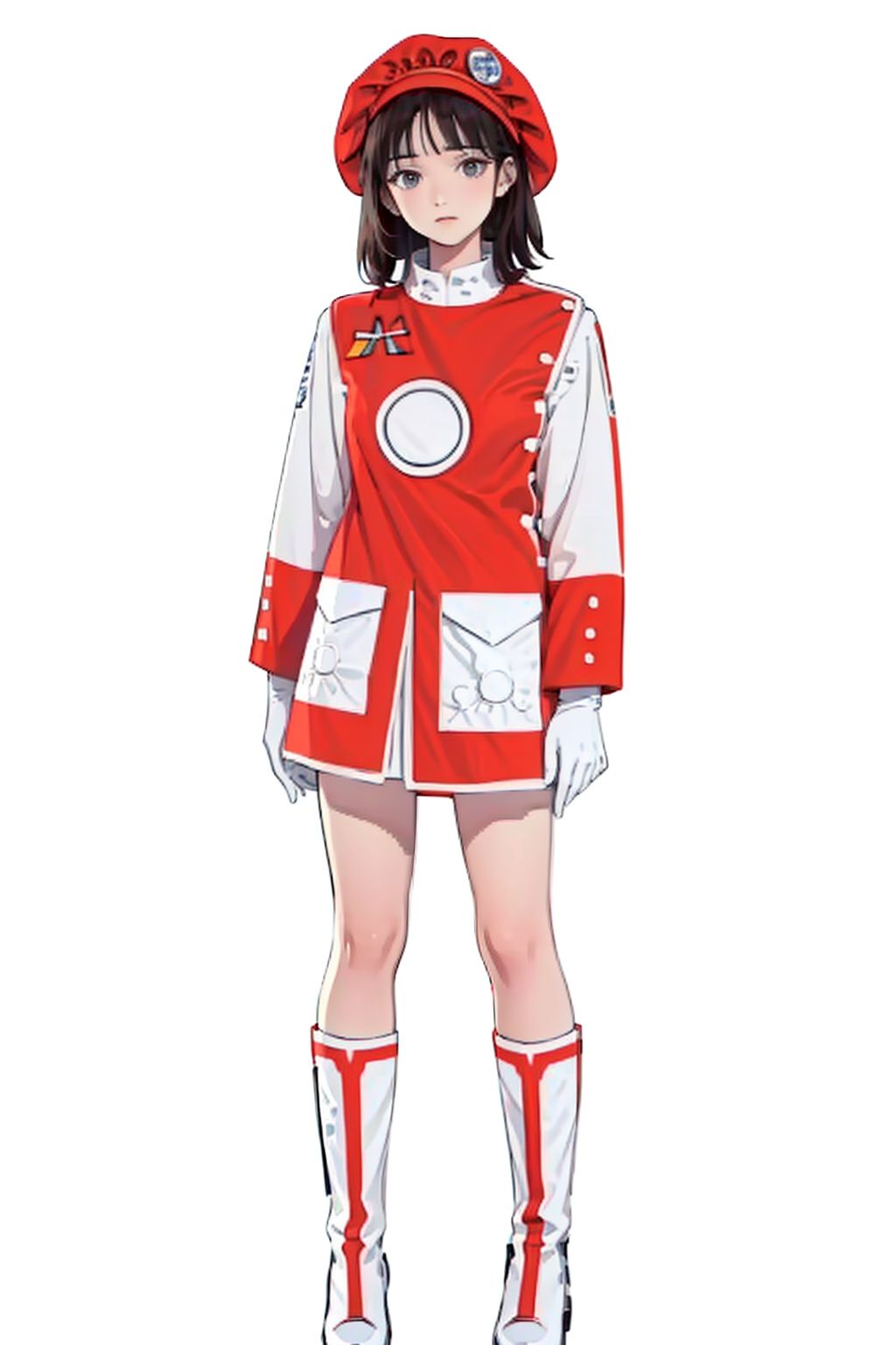 (masterpiece:1.3), (the best quality:1.2), (super fine illustrations:1.2), (Masterpiece), high quality, high detail,((white background:1.2)), looking at viewer, (SOLO:1.4),outline,,simple background, white gloves,red headwear, boots,hat, white footwear, red shirt,