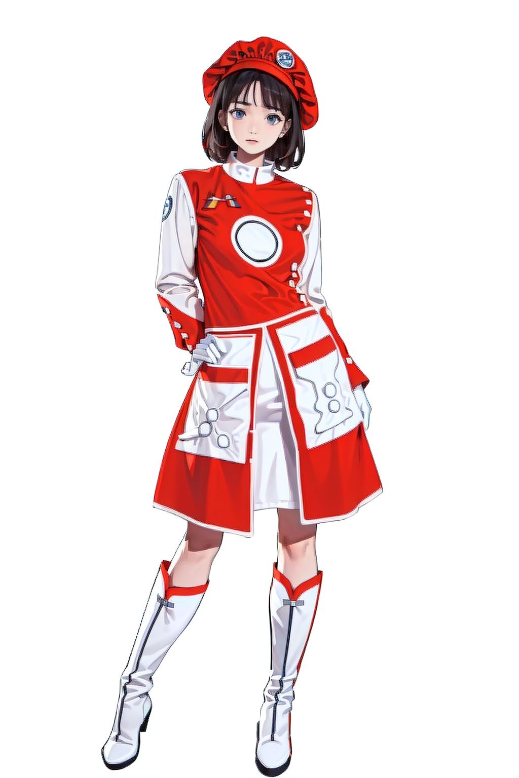 (masterpiece:1.3), (the best quality:1.2), (super fine illustrations:1.2), (Masterpiece), high quality, high detail,((white background:1.2)), looking at viewer, (SOLO:1.4),outline,,simple background,  white gloves,red headwear, boots,hat, white footwear, red shirt,
