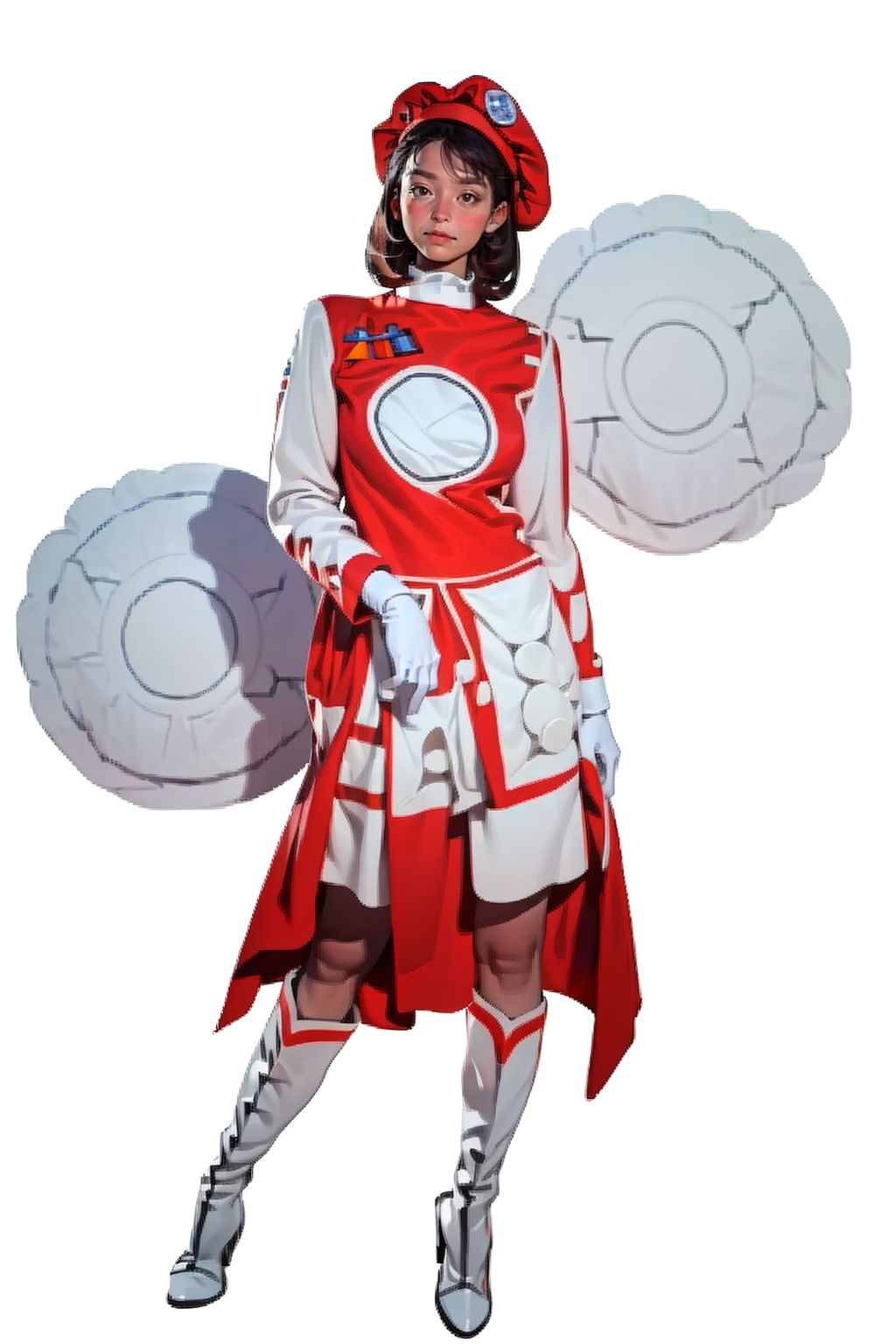 (masterpiece:1.3), (the best quality:1.2), (super fine illustrations:1.2), (Masterpiece), high quality, high detail,((white background:1.2)), looking at viewer, (SOLO:1.4),outline,,simple background,  white gloves,red headwear, boots,hat, white footwear, red shirt,