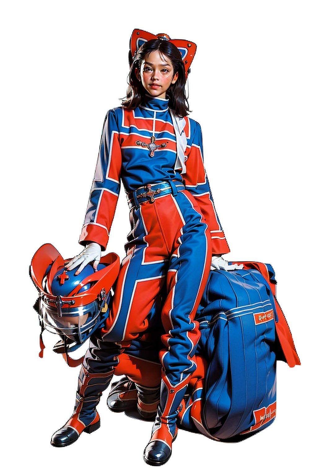 (masterpiece:1.3), (the best quality:1.2), (super fine illustrations:1.2), (Masterpiece), high quality, high detail,((white background:1.2)), looking at viewer, (SOLO:1.4),outline,,simple background, helmet,bodysuit, blue jacket, jacket, neckerchief, boots,military uniform, gloves, military, uniform,helmet