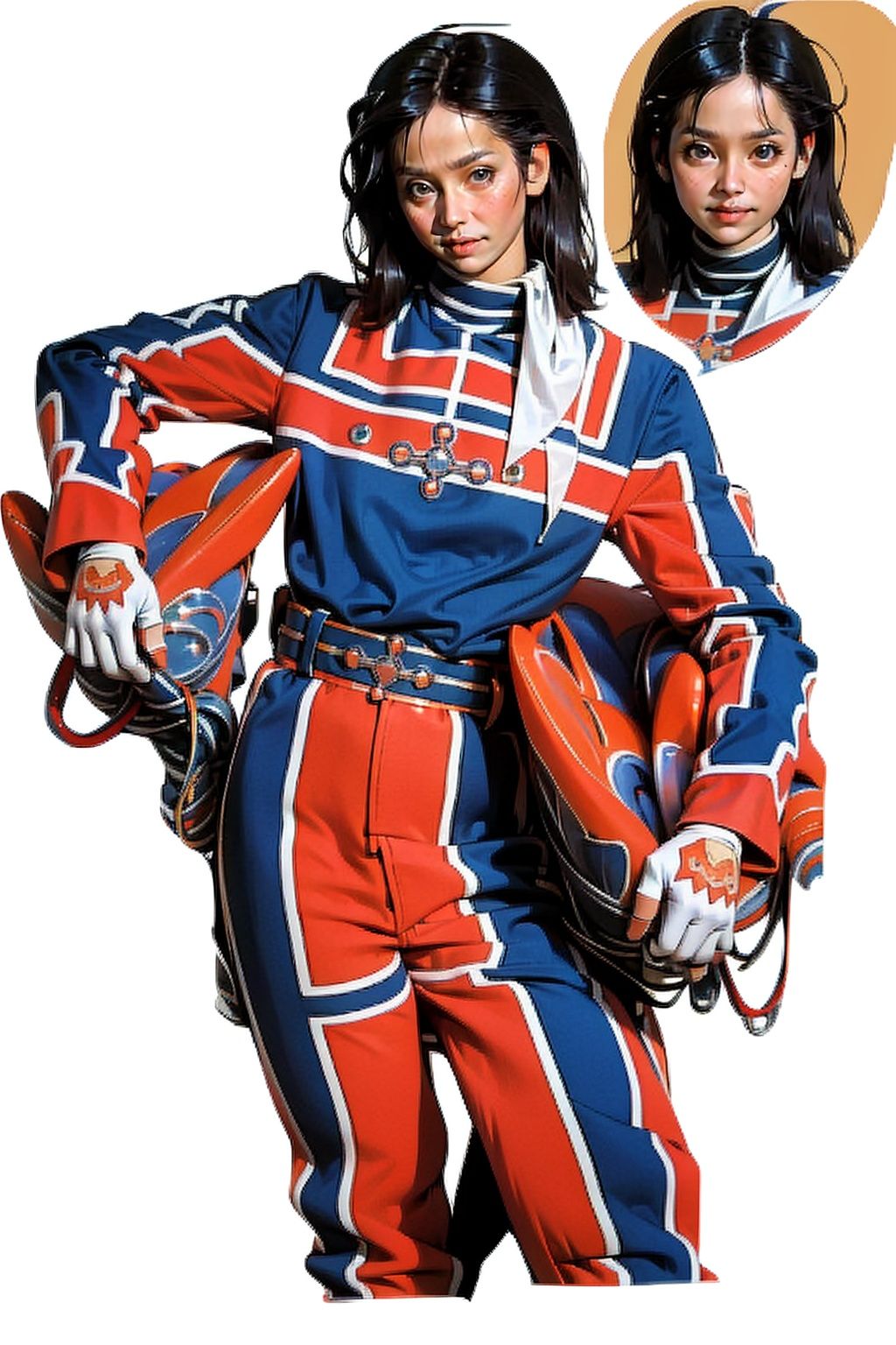 (masterpiece:1.3), (the best quality:1.2), (super fine illustrations:1.2), (Masterpiece), high quality, high detail,((white background:1.2)), looking at viewer, (SOLO:1.4),outline,,simple background, helmet,bodysuit, blue jacket, jacket, neckerchief, boots,military uniform, gloves, military, uniform,helmet