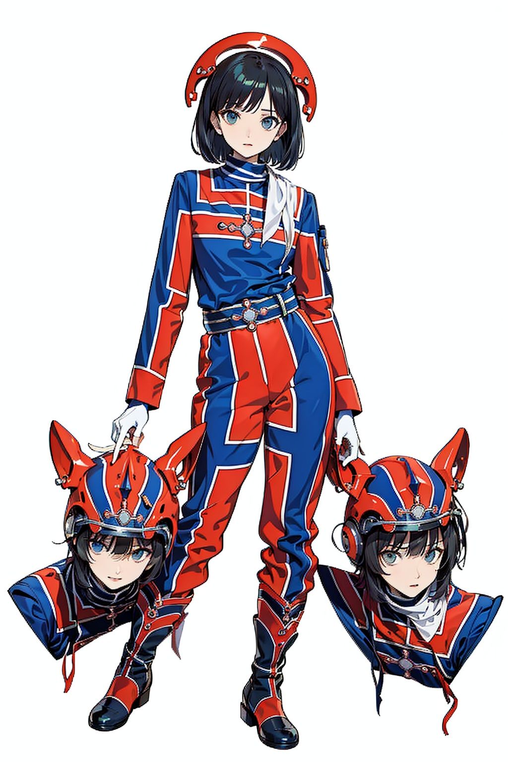 (masterpiece:1.3), (the best quality:1.2), (super fine illustrations:1.2), (Masterpiece), high quality, high detail,((white background:1.2)), looking at viewer, (SOLO:1.4),outline,,simple background, helmet,bodysuit, blue jacket, jacket, neckerchief, boots,military uniform, gloves, military, uniform,helmet