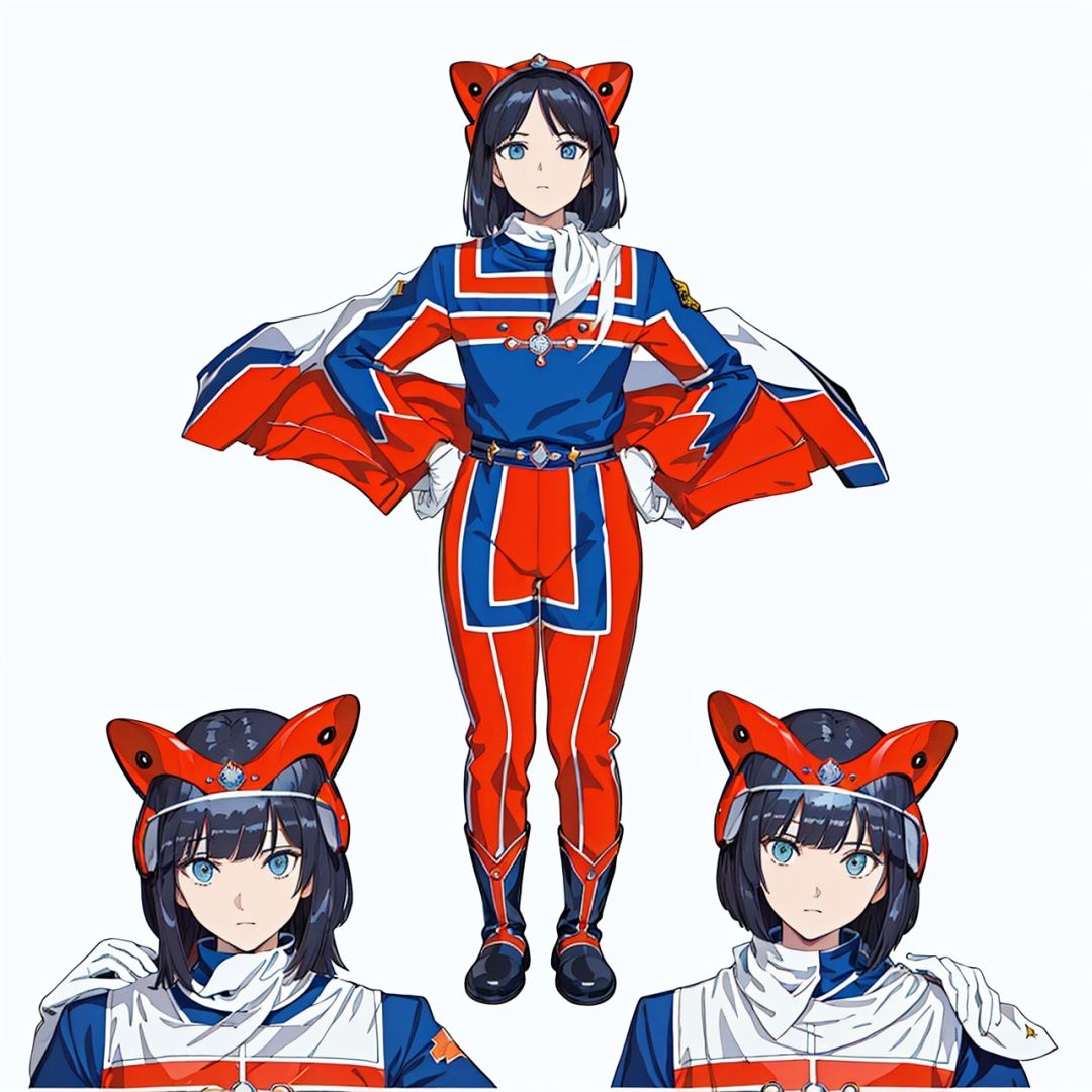(masterpiece:1.3), (the best quality:1.2), (super fine illustrations:1.2), (Masterpiece), high quality, high detail,((white background:1.2)), looking at viewer, (SOLO:1.4),outline,,simple background, helmet,bodysuit, blue jacket, jacket, neckerchief, boots,military uniform, gloves, military, uniform,helmet