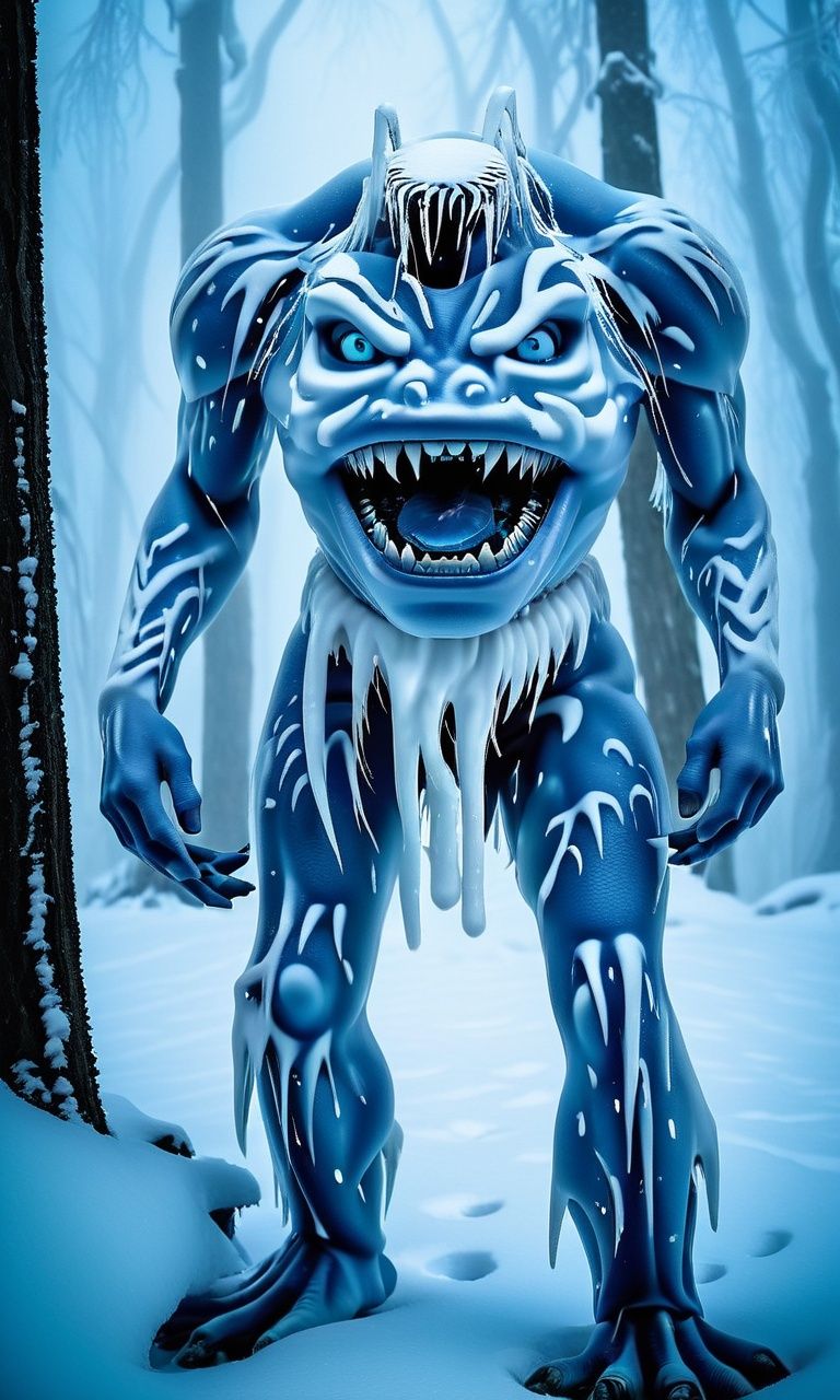 ((masterpiece)),((best quality)),8k,high detailed,ultra-detailed,intricate detail,Photography,headless,bare shoulders,xingtian,(frozen landscape:1.1),in the frozen land during winter,(regal:1.2),(snow-covered forest:1.1),Ruling over a winter wonderland,(cool blues:1.2),(frosty details:1.1),(shimmering icicles:1.1),ISO 400,F2.8 aperture,Shutter speed 1/250,<lora:xigntian:1>,