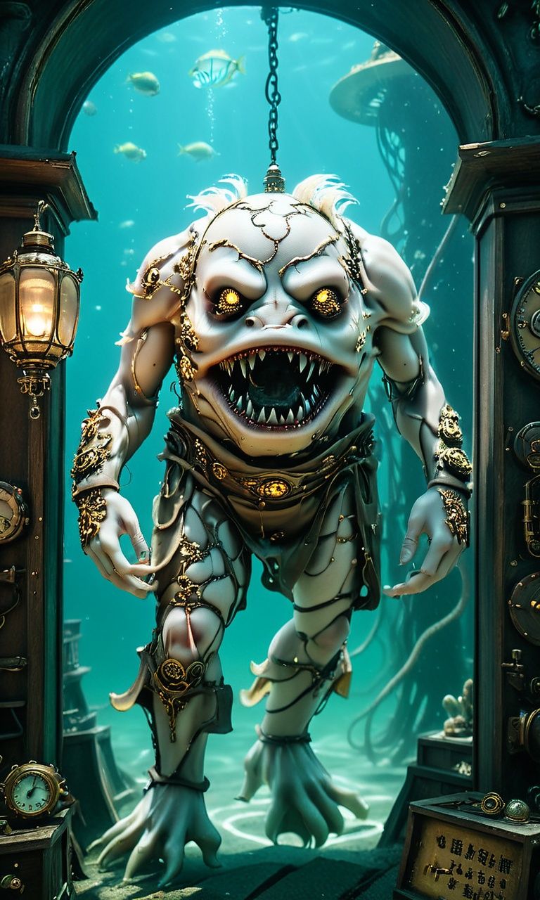 ((masterpiece)),((best quality)),8k,high detailed,ultra-detailed,intricate detail,Photography,headless,bare shoulders,((xingtian)),xingtian , in a submerged steampunk city and exploring the underwater world, <lora:xigntian:1>,