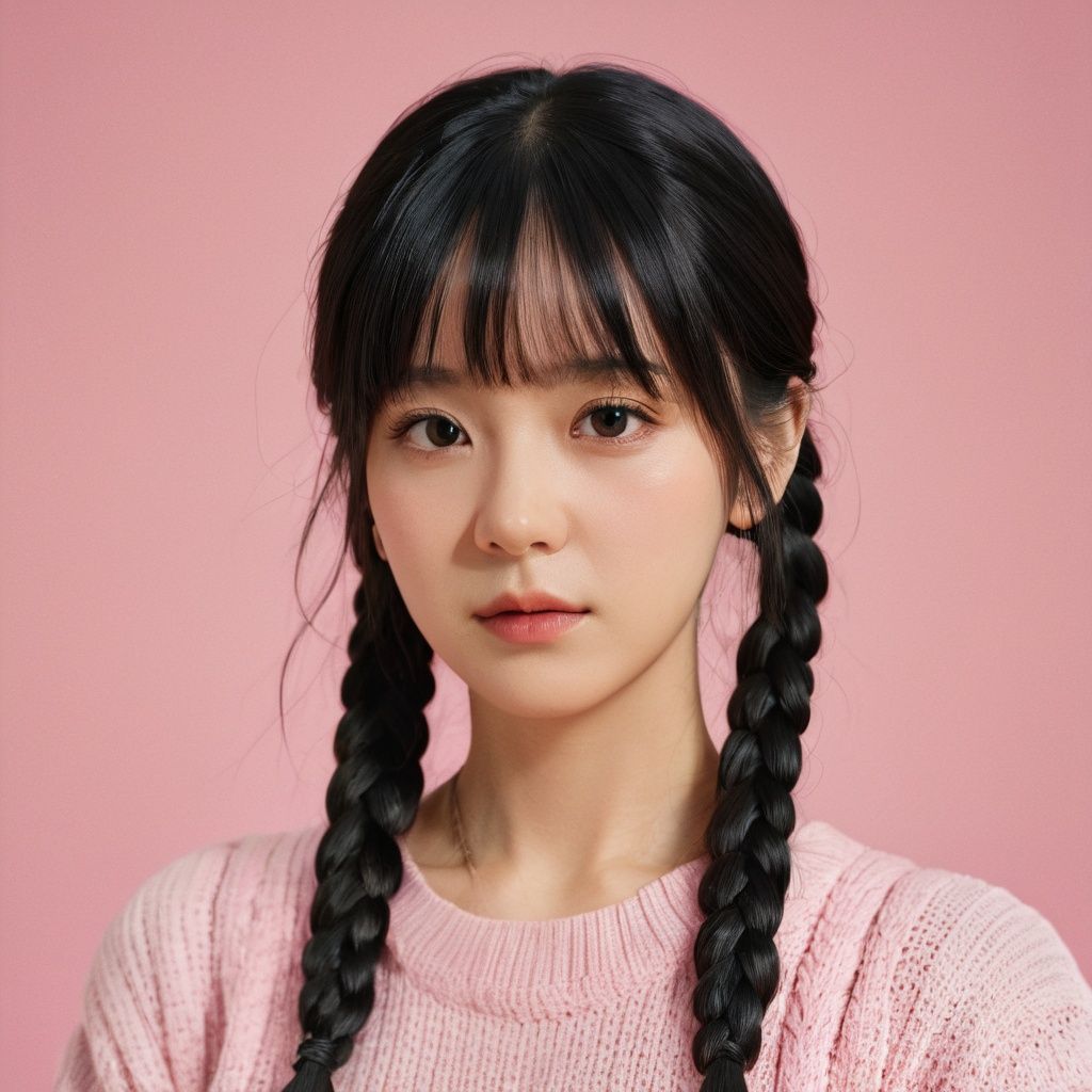 1girl, solo, braid, looking at viewer, black hair, pink background, bangs, closed mouth, realistic, twin braids, black eyes, upper body, mole, blunt bangs, grey background,FilmGirl