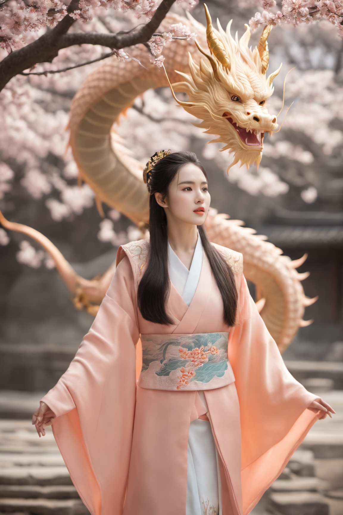 1 girl,  Eastern Dragon,  blossoms on Tensor.Art