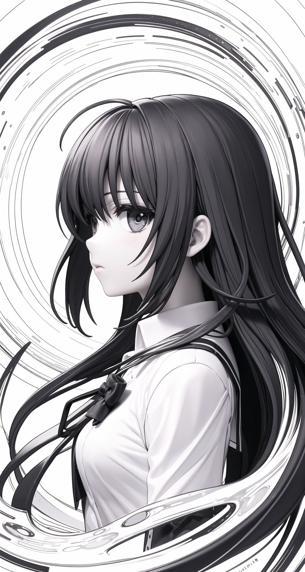 (low contrast,  black and white,  line draft: 1.2),  masterpiece,  best quality,  black hair,  (mature female),  1girl,  upper body,  solo,  looking at viewer,  school uniform,  long straight hair,  (profile:0.8)