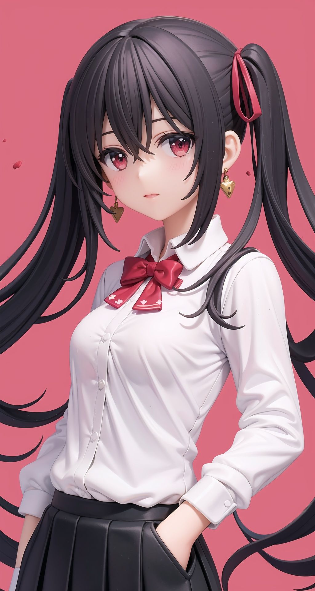 (masterpiece,  best quality), a girl,  solo,  twintails,  shirt,  skirt,  petals,  bowtie,  earrings,  jewelry,  bangs,  black hair,  hair ornament,  hair ribbon,  red ribbon,  red eyes,  long hair,  white shirt,  multicolored hair,  black skirt,  red hair,  long sleeves,  pink bowtie,  hair between eyes,  looking at viewer,  collared shirt,  upper body,  falling petals,  depth of field,  strong bloom,  red background, hands in pockets
