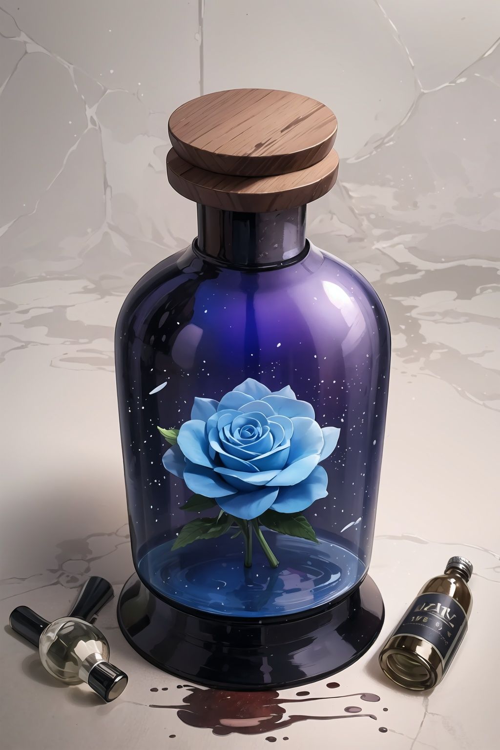masterpiece,  best quality, (CGbottlesw:1.2), no one,  Metal carving,  Colorful Bottle, (The bottle was full of blood:1.1), There is a blue rose in the bottle