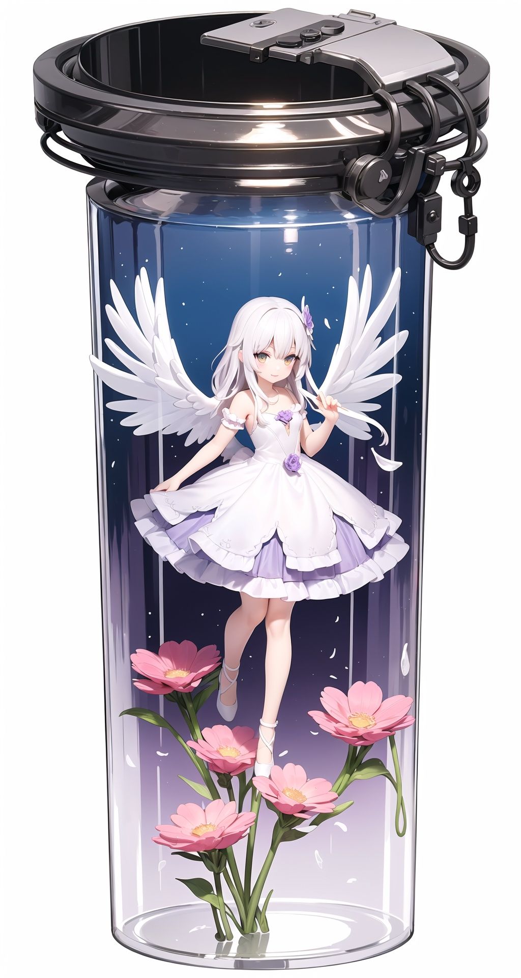 (((A girl)), Colorful transparent wings, (((In the flowers))), Princess dress, Irridescent color, The Arthur effect, ,  Gradient translucent glass melt,  Caustics,  transparent glass texture,  Designed by Dietrams,  Simple,  Glows in high detail,  white backgrounid,  industrial design,  studio lit,  C4D,  OC renderer,  Clean shadows,  4K