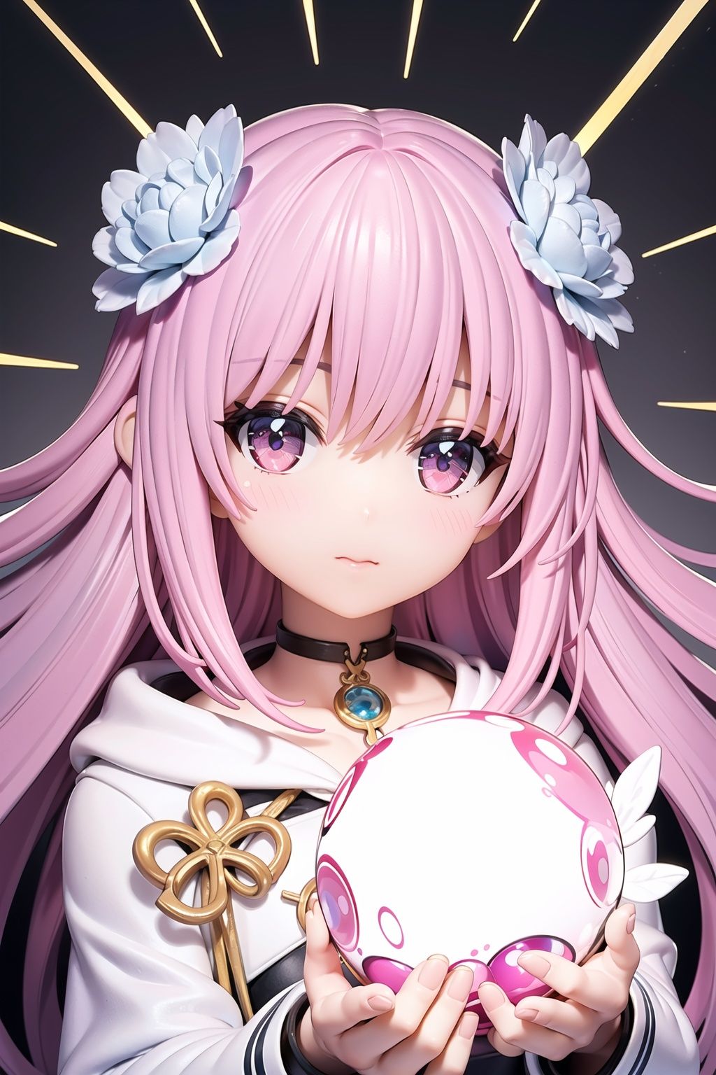 (masterpiece, bestquality, extremelydetailedCG, beautifuldetailedeyes, ultra-detailed, intricatedetails:1.2), 8kwallpaper, elaboratefeatures, (1girl, solo:1.4), 1girl, upper body, sideways, pink hair, hair ornament, pink eyes, hood, robe, crystal ball, light particles, bloom, neon lights, motion lines