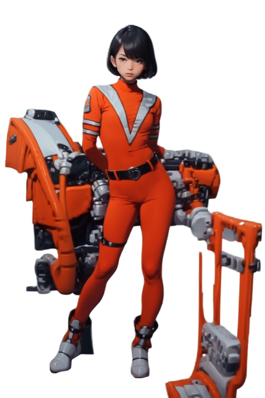 (masterpiece:1.3), (the best quality:1.2), (super fine illustrations:1.2), (Masterpiece), high quality, high detail,((white background:1.2)), looking at viewer, (SOLO:1.4),outline,,simple background, bodysuit, orange shirt, orange legwear, jacket, belt, gloves, boots,odysuit