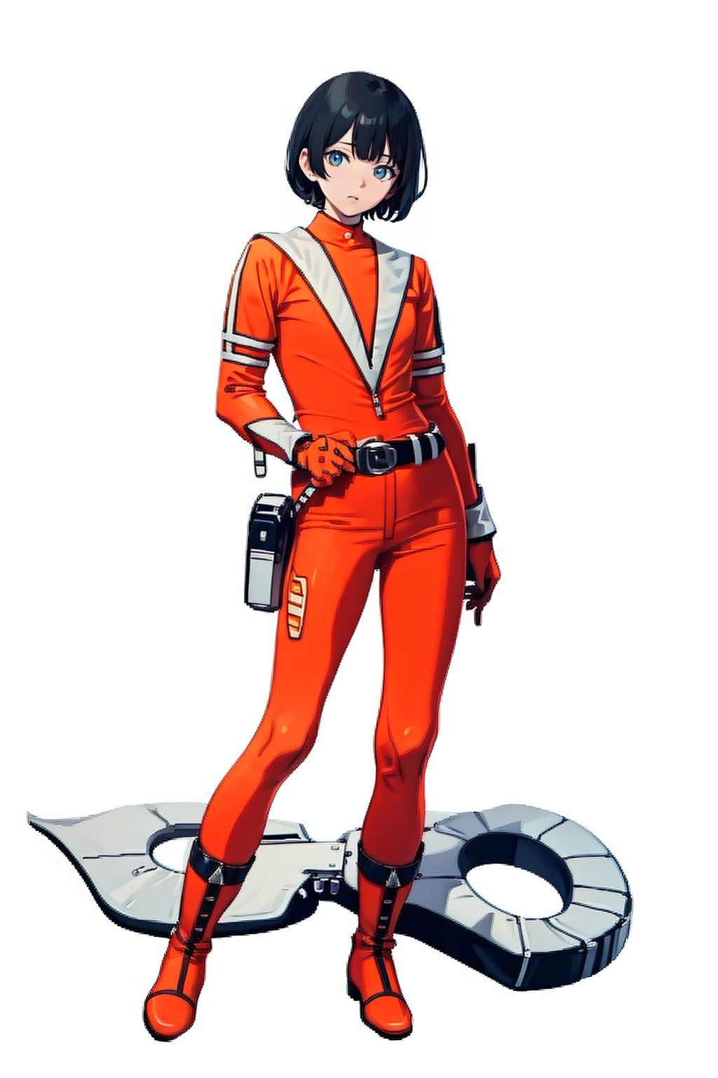 (masterpiece:1.3), (the best quality:1.2), (super fine illustrations:1.2), (Masterpiece), high quality, high detail,((white background:1.2)), looking at viewer, (SOLO:1.4),outline,,simple background, bodysuit, orange shirt, orange legwear, jacket, belt, gloves, boots,odysuit