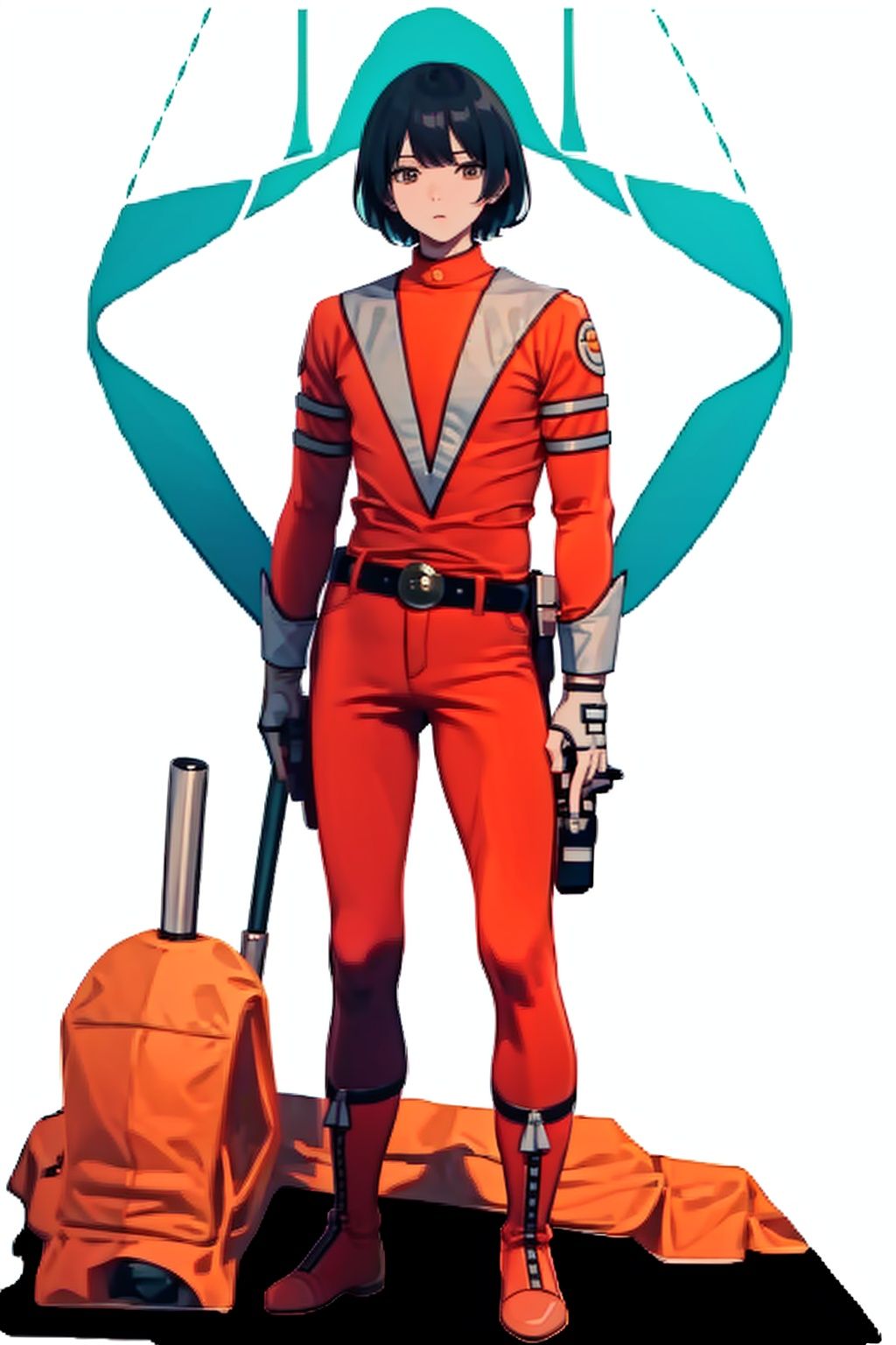 (masterpiece:1.3), (the best quality:1.2), (super fine illustrations:1.2), (Masterpiece), high quality, high detail,((white background:1.2)), looking at viewer, (SOLO:1.4),outline,,simple background, bodysuit, orange shirt, orange legwear, jacket, belt, gloves, boots,odysuit
